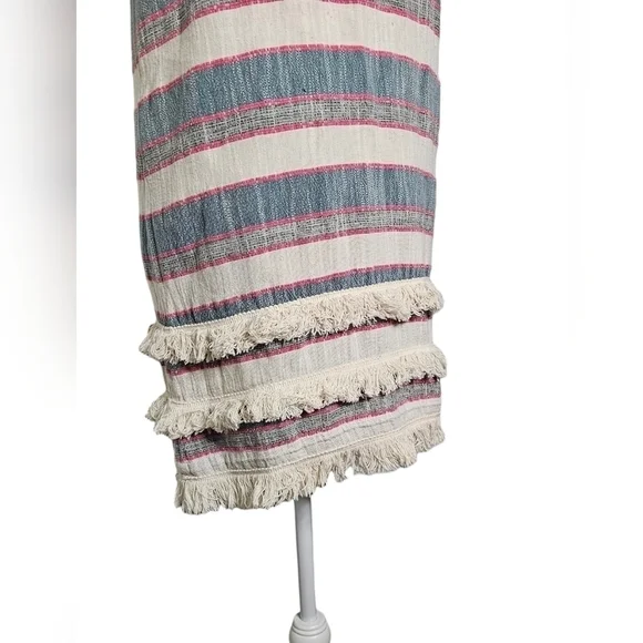 Holding Horses Anthropologies Cream & blue & red stripes w/ fringe v-neck size 6 - Picture 8 of 13